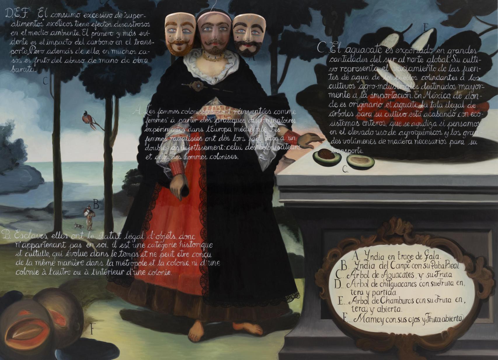 Sandra Gamarra: 'Máscaras mestizas I (Retrato de mujer indígena de Quito con frutas)', 2024