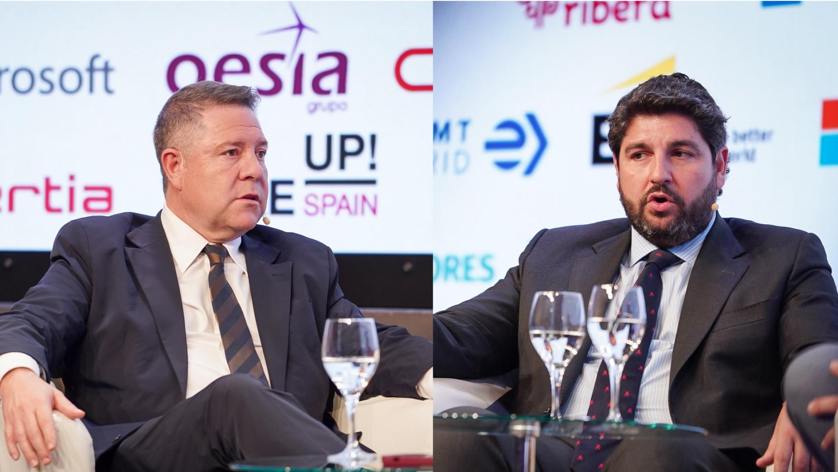 Emiliano García-Page, presidente de la Junta de Comunidades de Castilla-La Mancha, y Fernando López Miras, presidente de la Región de Murcia, en dos instantes durante sus intervenciones en Wake Up Spain! 2024