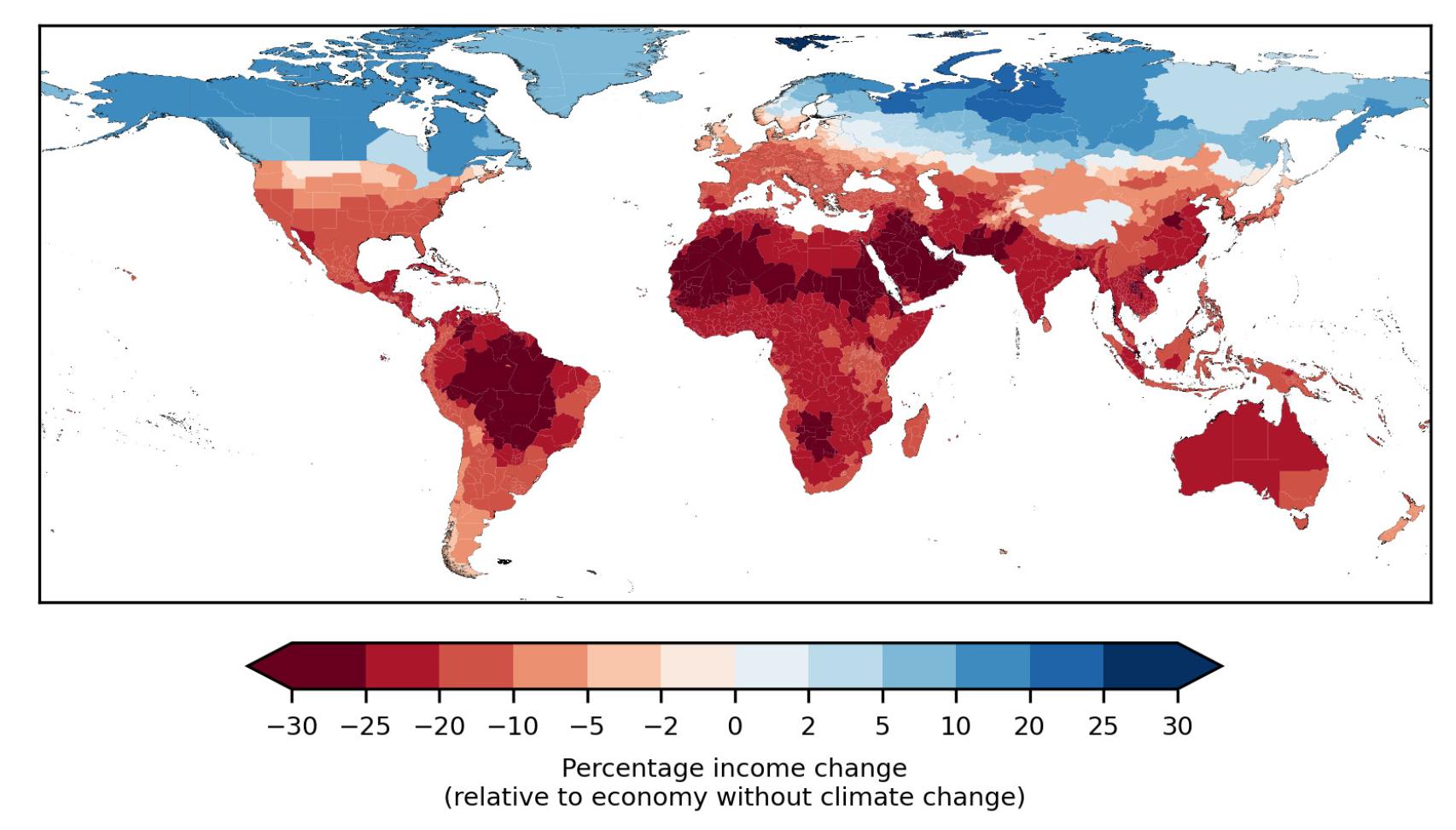 Cambios de ingresos proyectados en 2049 en comparación con una economía sin cambio climático. Los cambios en los ingresos se comprometen causados por emisiones históricas.
