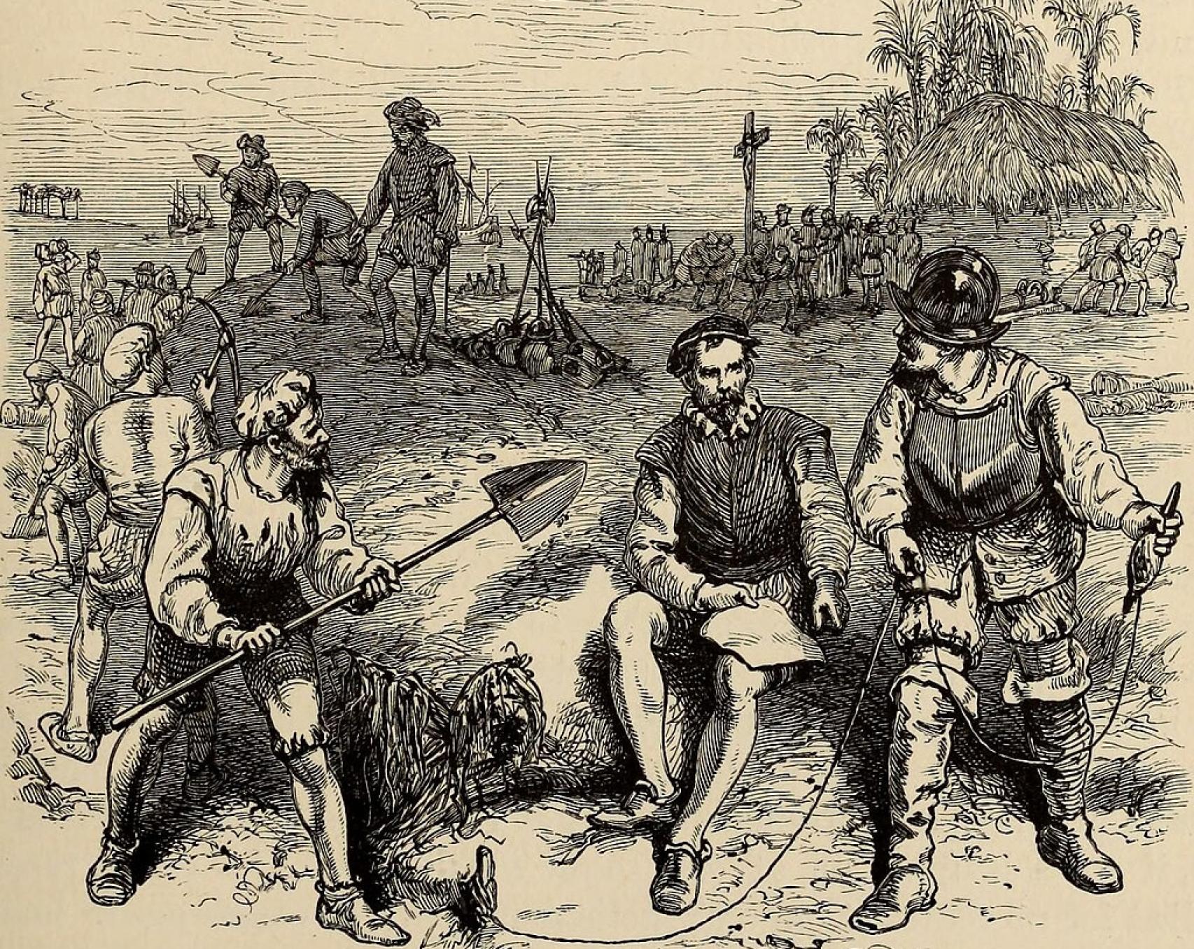 Ilustración del siglo XIX que muestra la construcción de San Agustín por Pedro Menéndez de Avilés