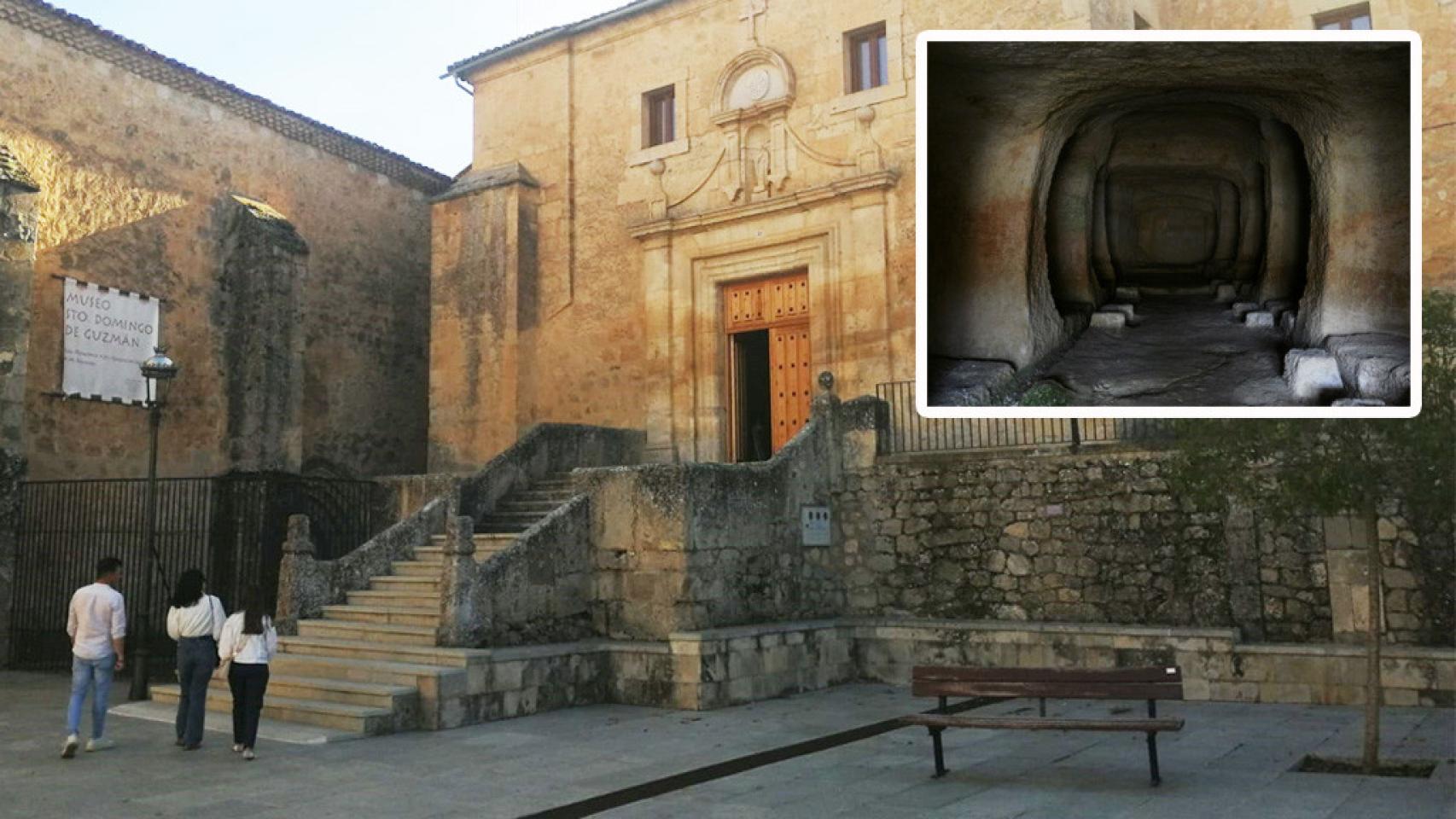 Caleruega (Fotografía EL ESPAÑOL de Castilla y León) y la bodega subterránea (Fotografía: Ruta del Vino Ribera del Duero)