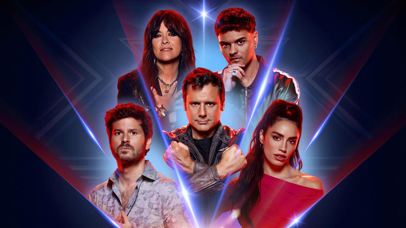 El presentador Ion Aramendi, junto al jurado de 'Factor X' Vanesa Martín, Abraham Mateo, Willy Bárcenas y  Lali.