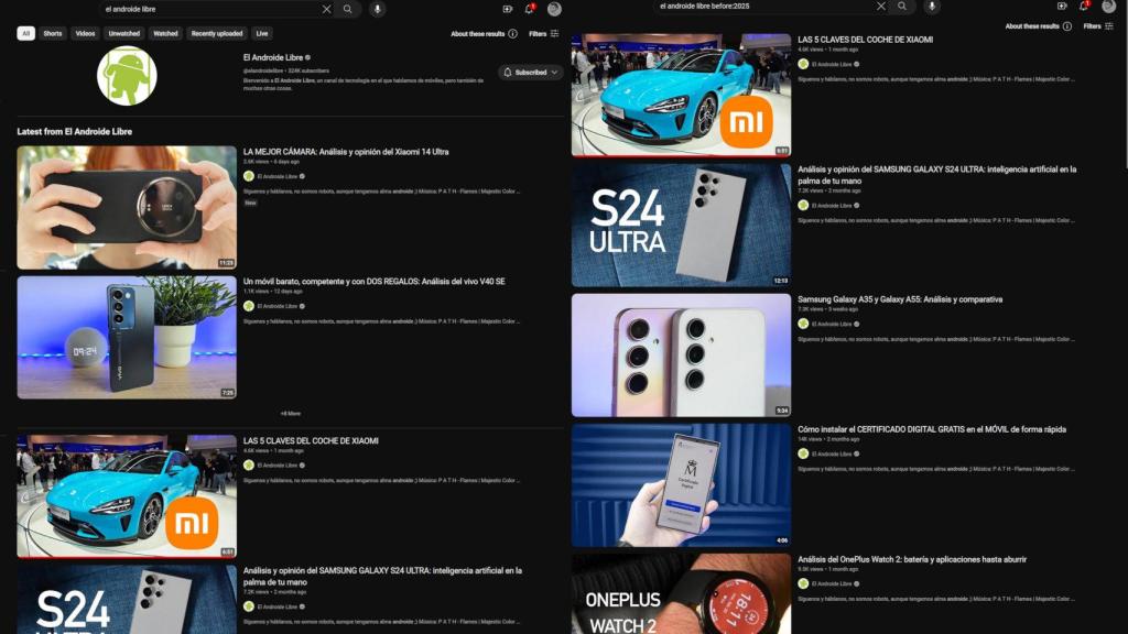 Resultados de búsqueda de YouTube normales (izq) y con el truco (der)