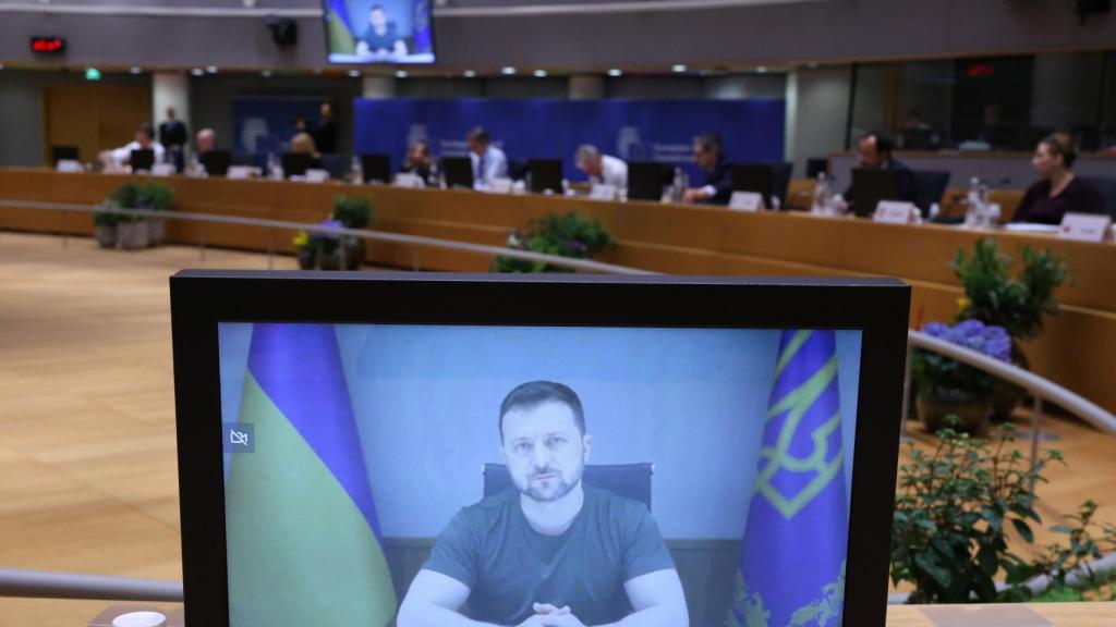 El presidente de Ucrania, Volodímir Zelenski, durante su intervención de este jueves en el Consejo Europeo