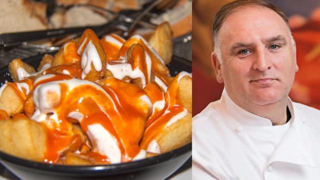 Patatas con salsa brava y el chef José Andrés.