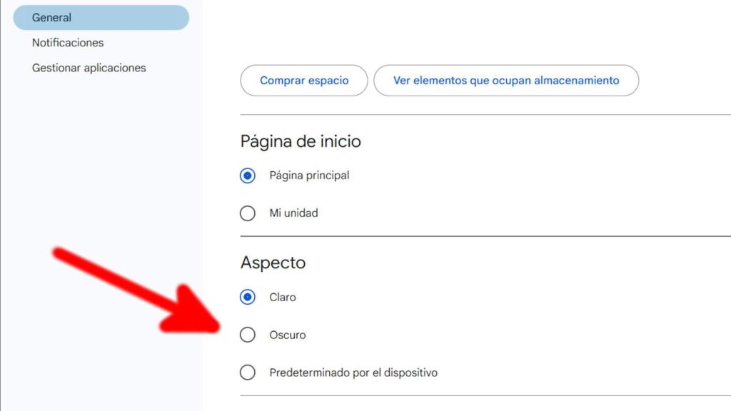 Segundo paso para activar el modo oscuro en Google Drive
