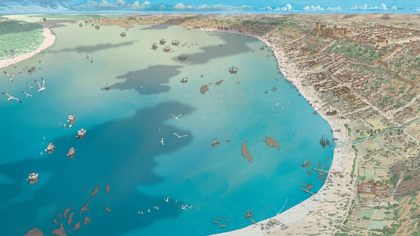 Sanlúcar de Barrameda. 20 de septiembre de 1519. Ilustración de Arturo Redondo Paz en 'La aventura de la Primera Vuelta al Mundo'.