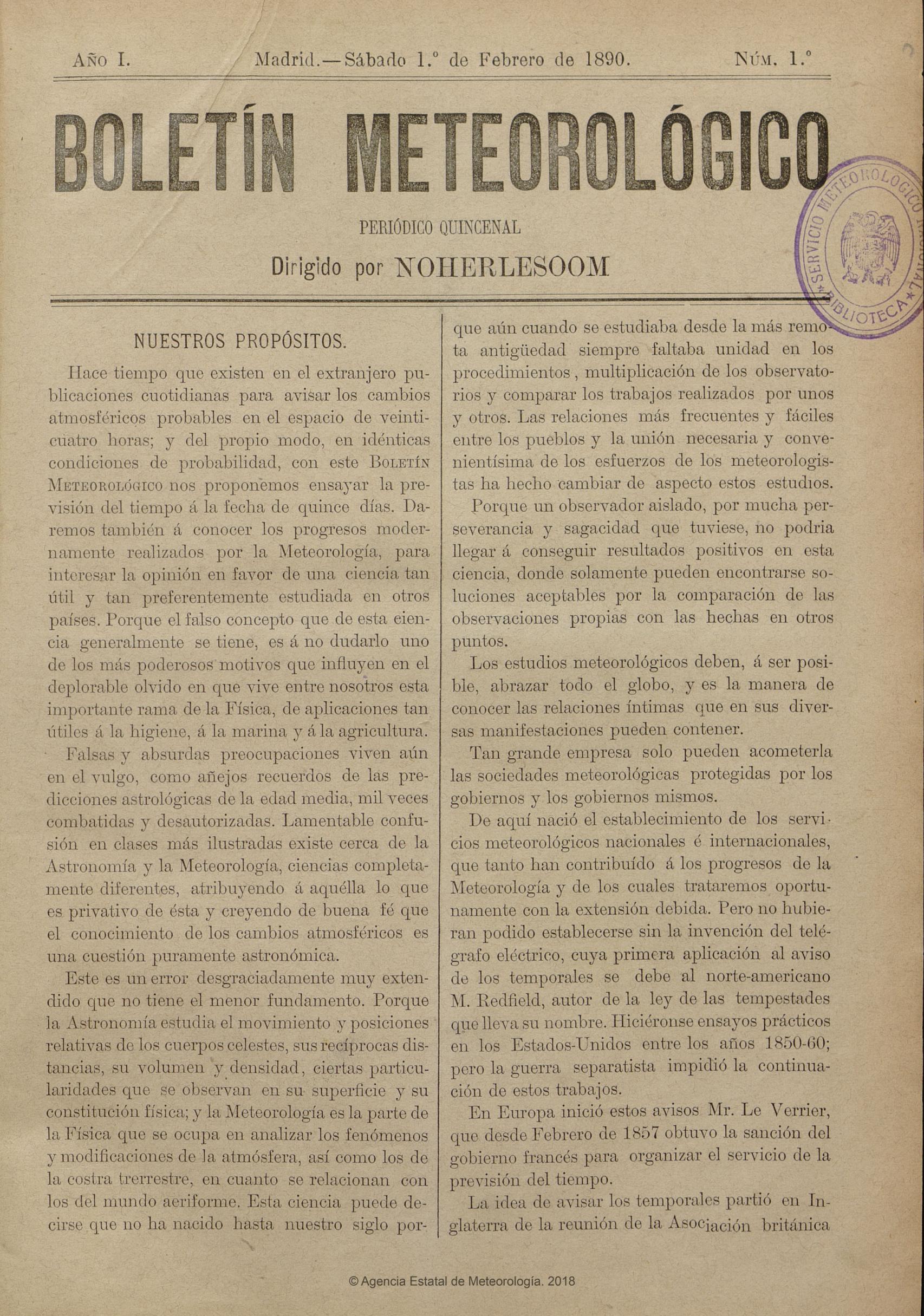 Portada del primer número del Boletín Meteorológico de Noherlesoom.