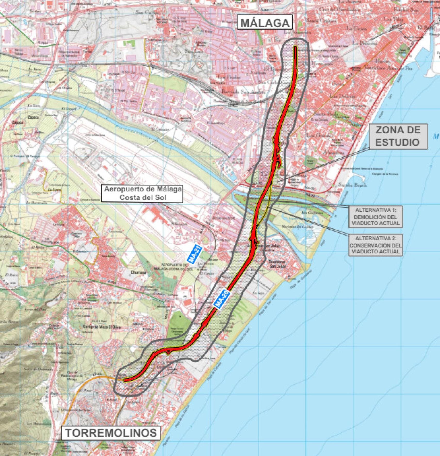 Mapa con el trazado de la MA-20 de Málaga que va a ser objeto de ampliación.