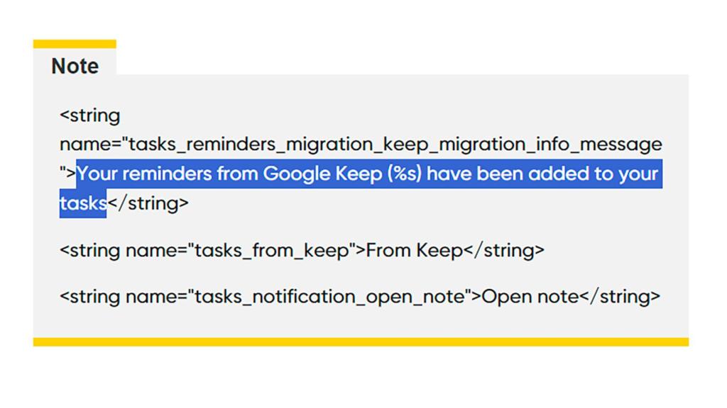 El código que indica la migración desde Keep a Tasks