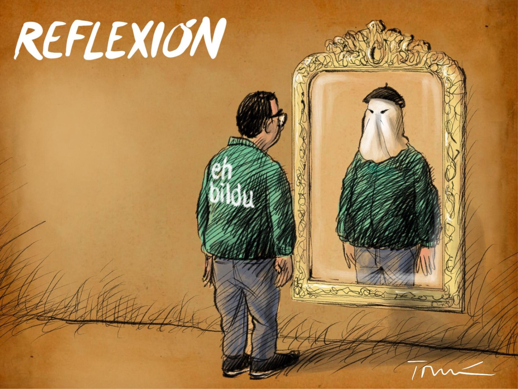 Viñeta de Pello Otxandiano ante un espejo.