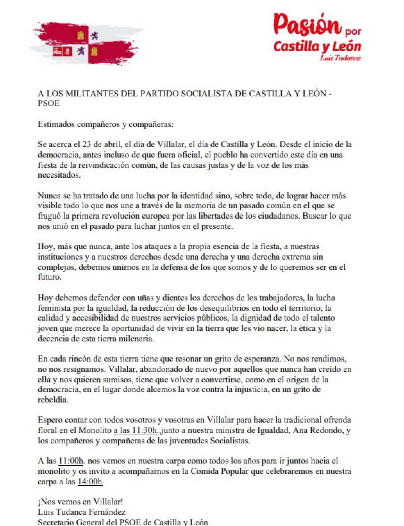 Imagen de la carta de Tudanca a los militantes socialistas