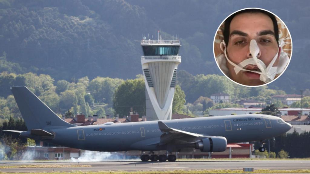 El avión del Ejército del Aire en el que Álex ha viajado aterrizando en Bilbao