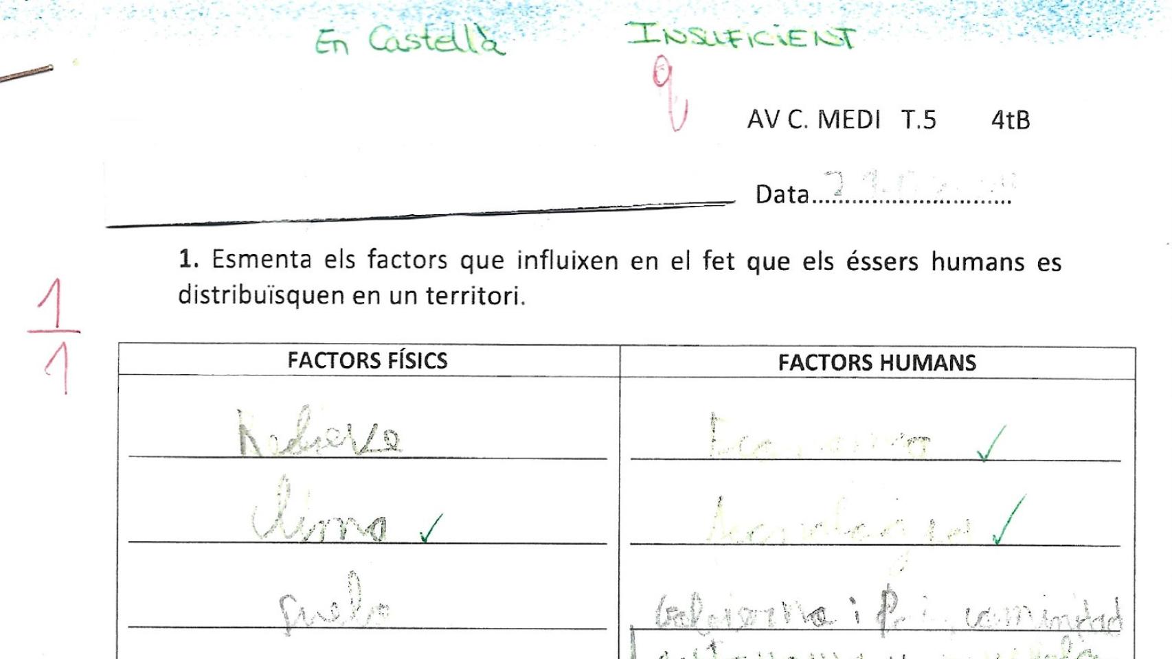 Calificación del examen, suspendido con un nueve por contestarlo el alumno en castellano. H. E.