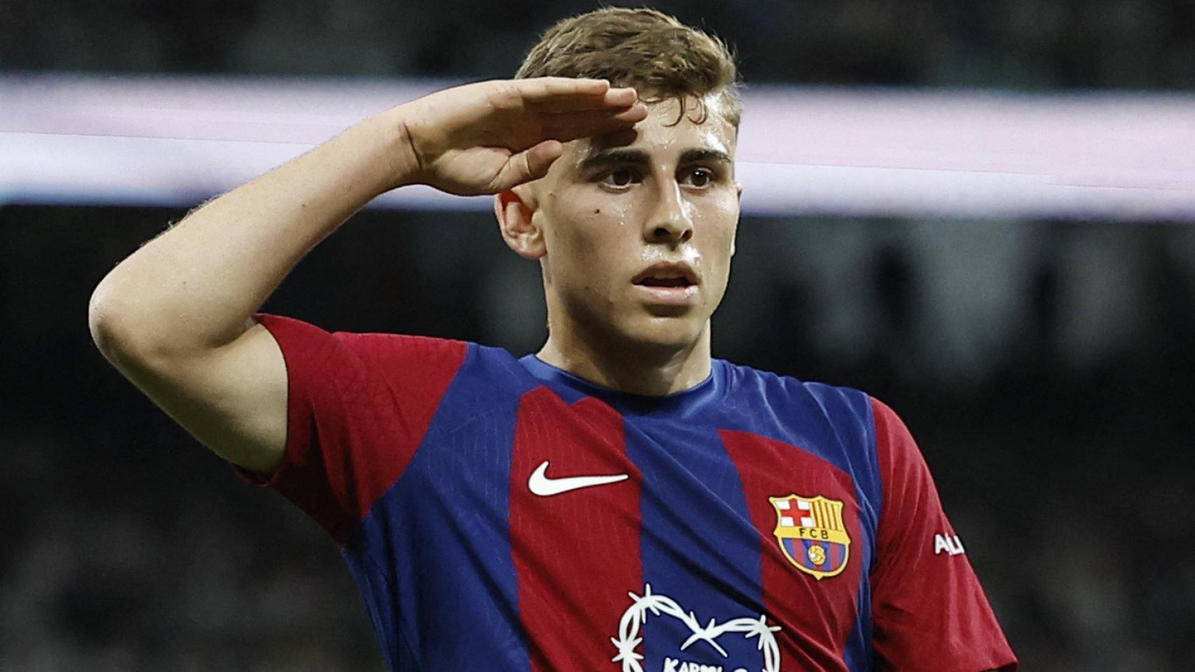 Fermín celebra su gol en el Bernabéu.