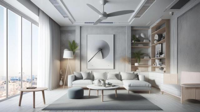 Un salón con un ventilador de techo