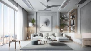 Un salón con un ventilador de techo