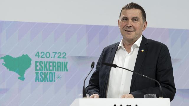 El coordinador general de EH Bildu, Arnaldo Otegi, durante una comparecencia este lunes en la sede del partido.