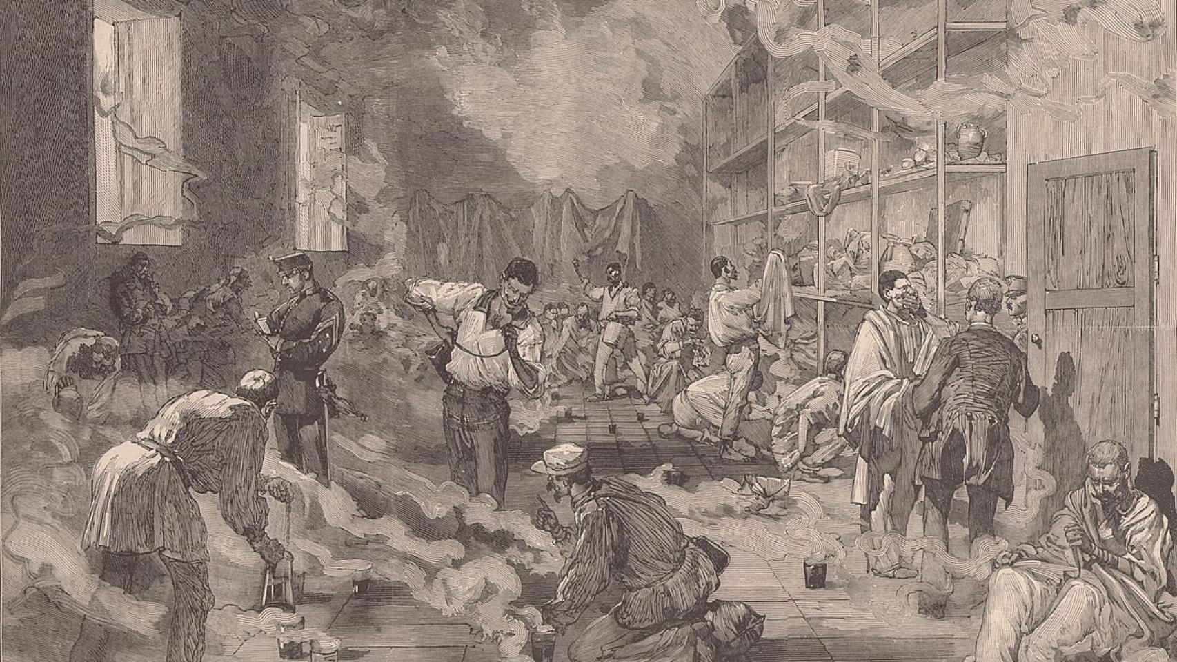 Ilustración de 'Le Monde Illustré' de soldados españoles enfermos de fiebre amarilla. 1878