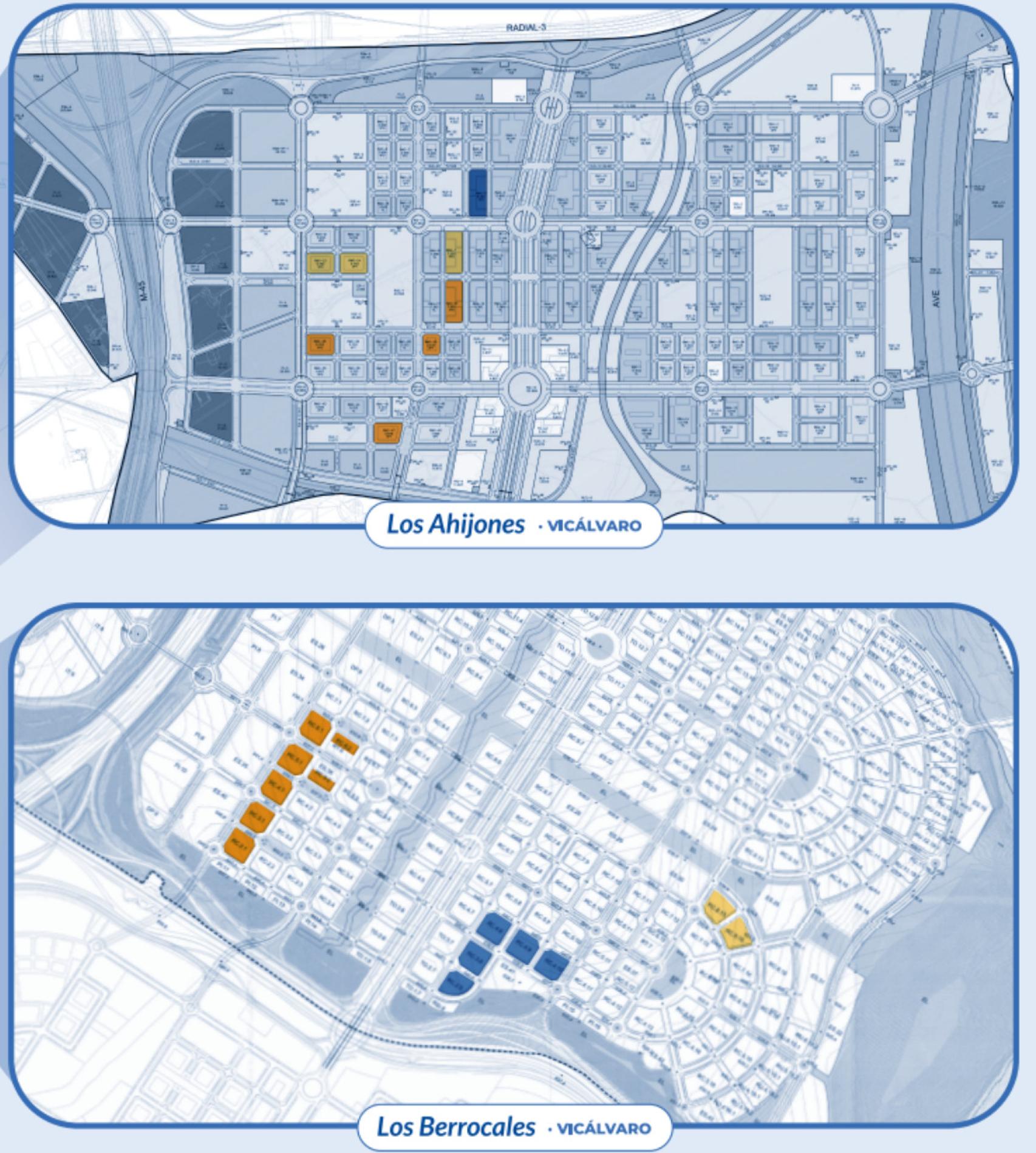 En azul oscuro, las parcelas de Los Ahijones y Los Berrocales donde la EMVS construye viviendas mediante gestión directa. En naranja y amarillo, las parcelas con derecho de superficie.