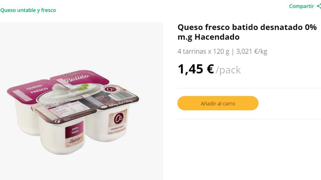 Queso fresco batido desnatado 0% m.g Hacendado.