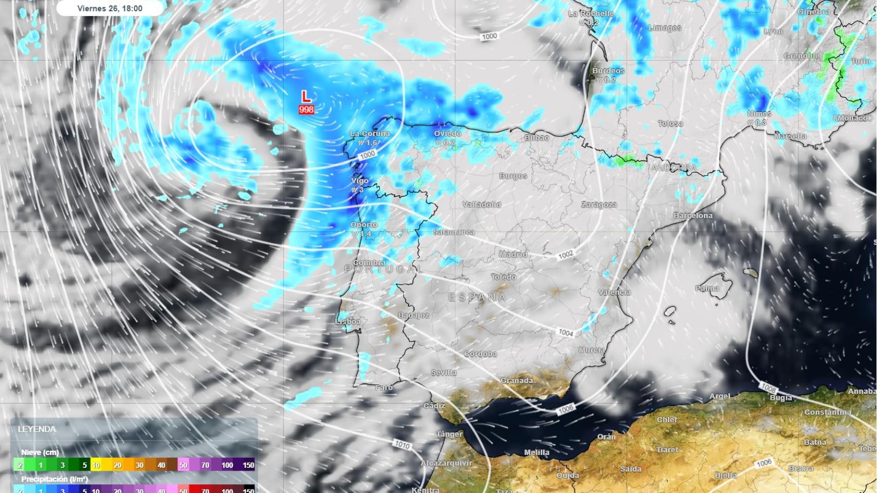 Posición prevista de la borrasca fría el próximo viernes, 26 de abril de 2024 a las 17 h UTC, con la nubosidad y precipitación prevista asociada a ella