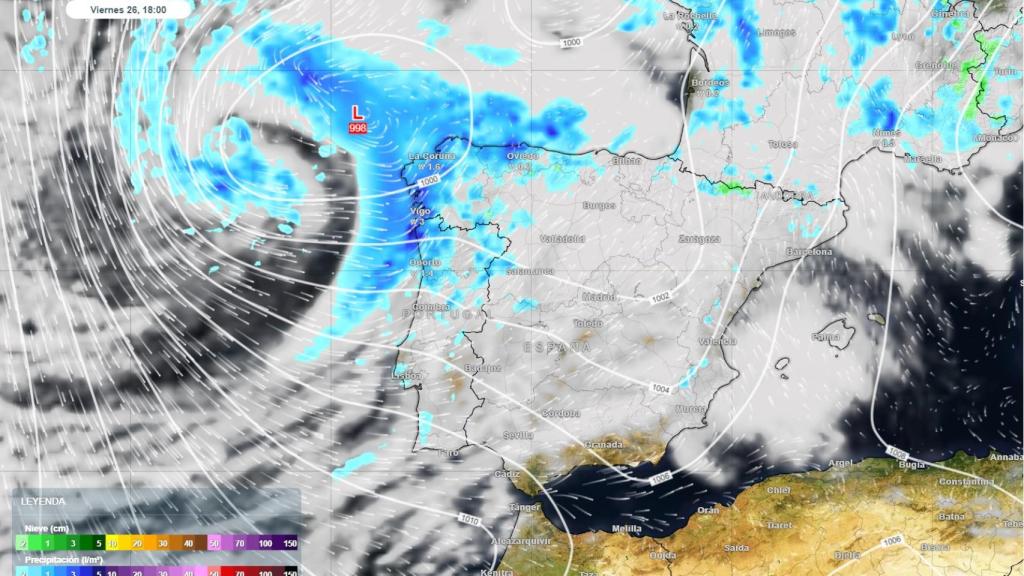 Posición prevista de la borrasca fría el próximo viernes, 26 de abril de 2024 a las 17 h UTC, con la nubosidad y precipitación prevista asociada a ella