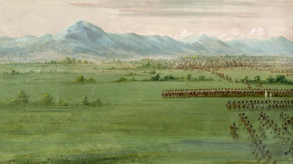 Pintura de George Catlin (1834) que recrea un encuentro entre soldados comanches a caballo y dragones de Estados Unidos.