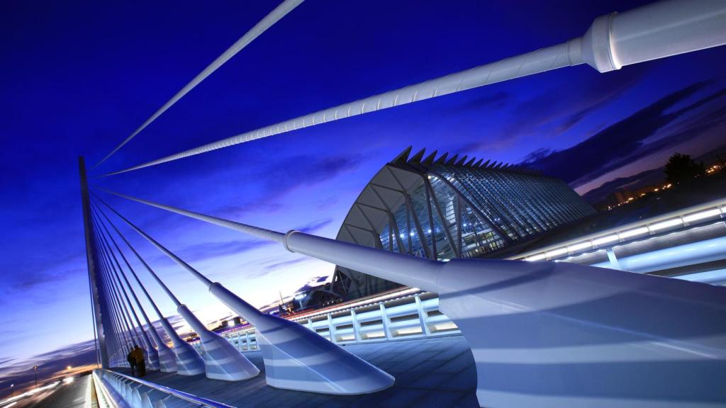 Vista de la Ciudad de las Artes y las Ciencias de Valencia desde el puente de l'Assut de l'Or. EE