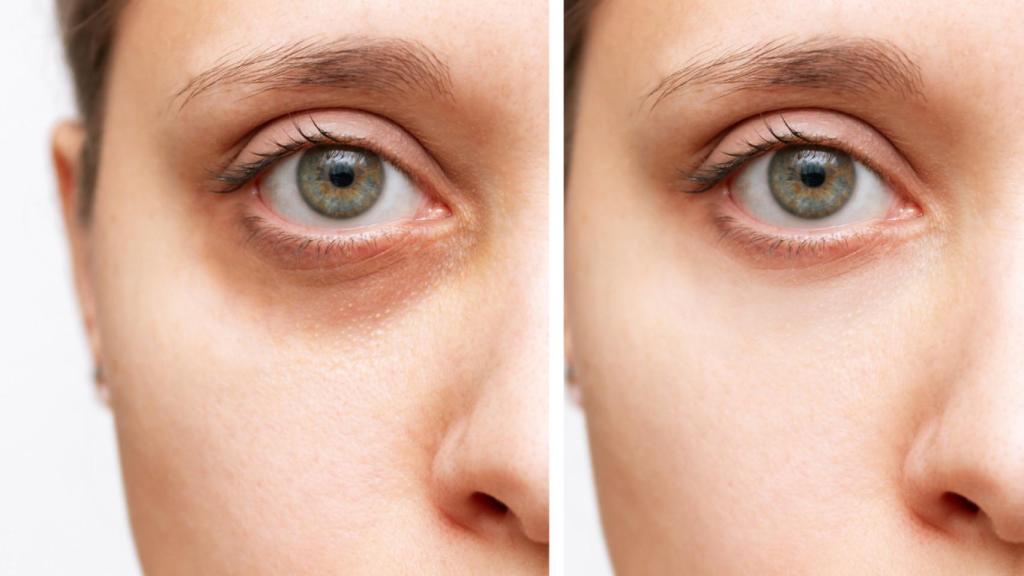 Imagen del antes y el después de las ojeras de una mujer.