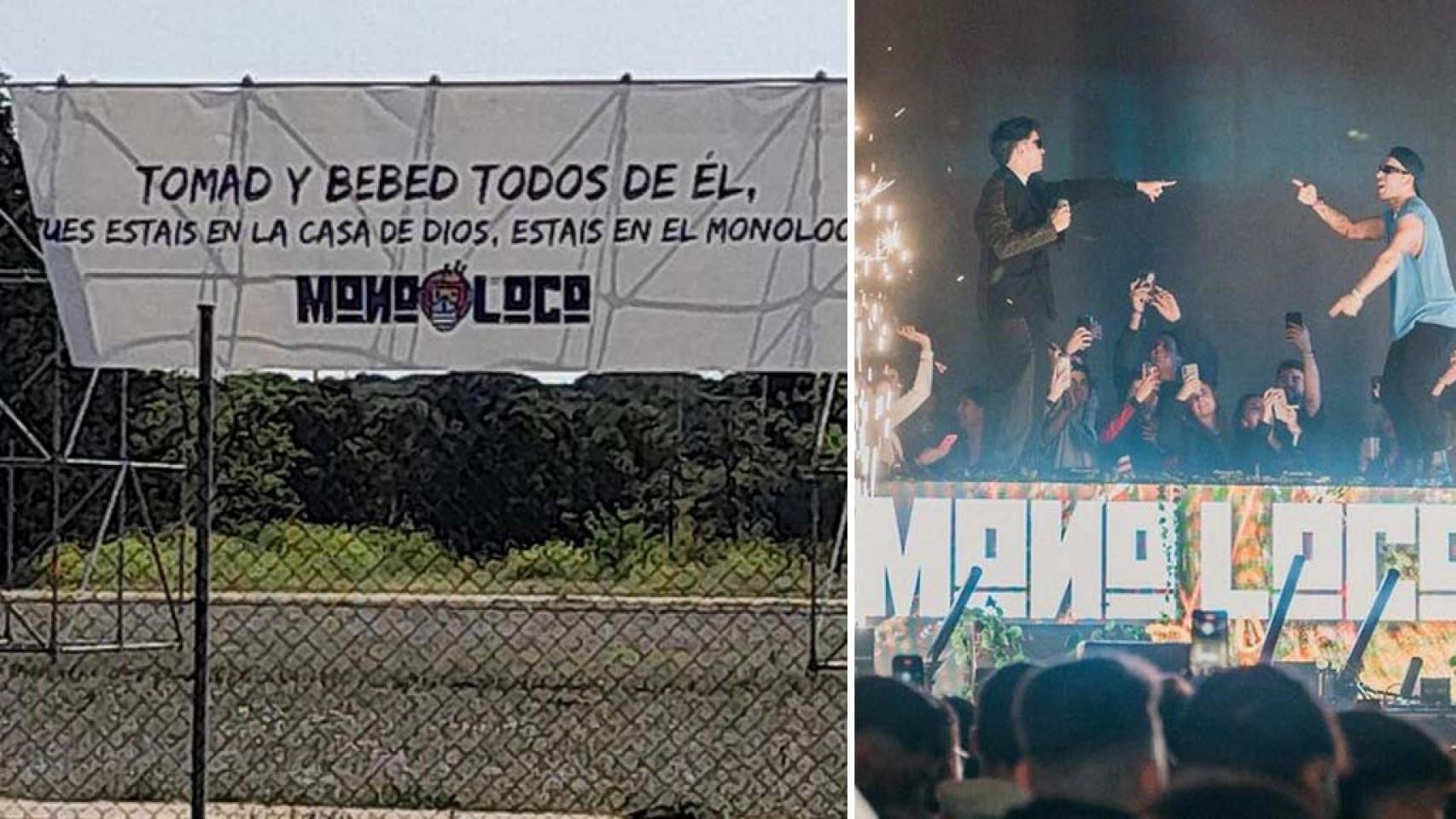 Imagen de la pancarta (Abogados Cristianos) y una actuación del Festival Monoloco (Moloco)