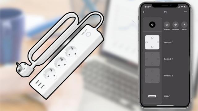 Regleta inteligente junto a app de control en un móvil