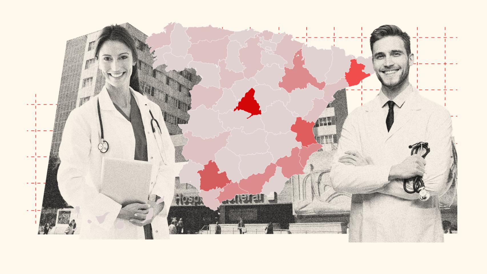 Ilustración con el mapa que representa la distribución por provincias de las plazas MIR adjudicadas en 2024.
