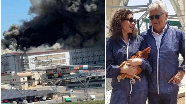 A la izquierda, la fábrica de Rujamar incendiada este miércoles. A la derecha, Pepe Domingo Castaño junto a una trabajadora y una gallina de la empresa.