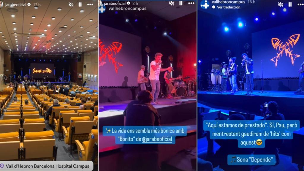 Tres momentos del concierto homenaje a Pau Donés en Barcelona.