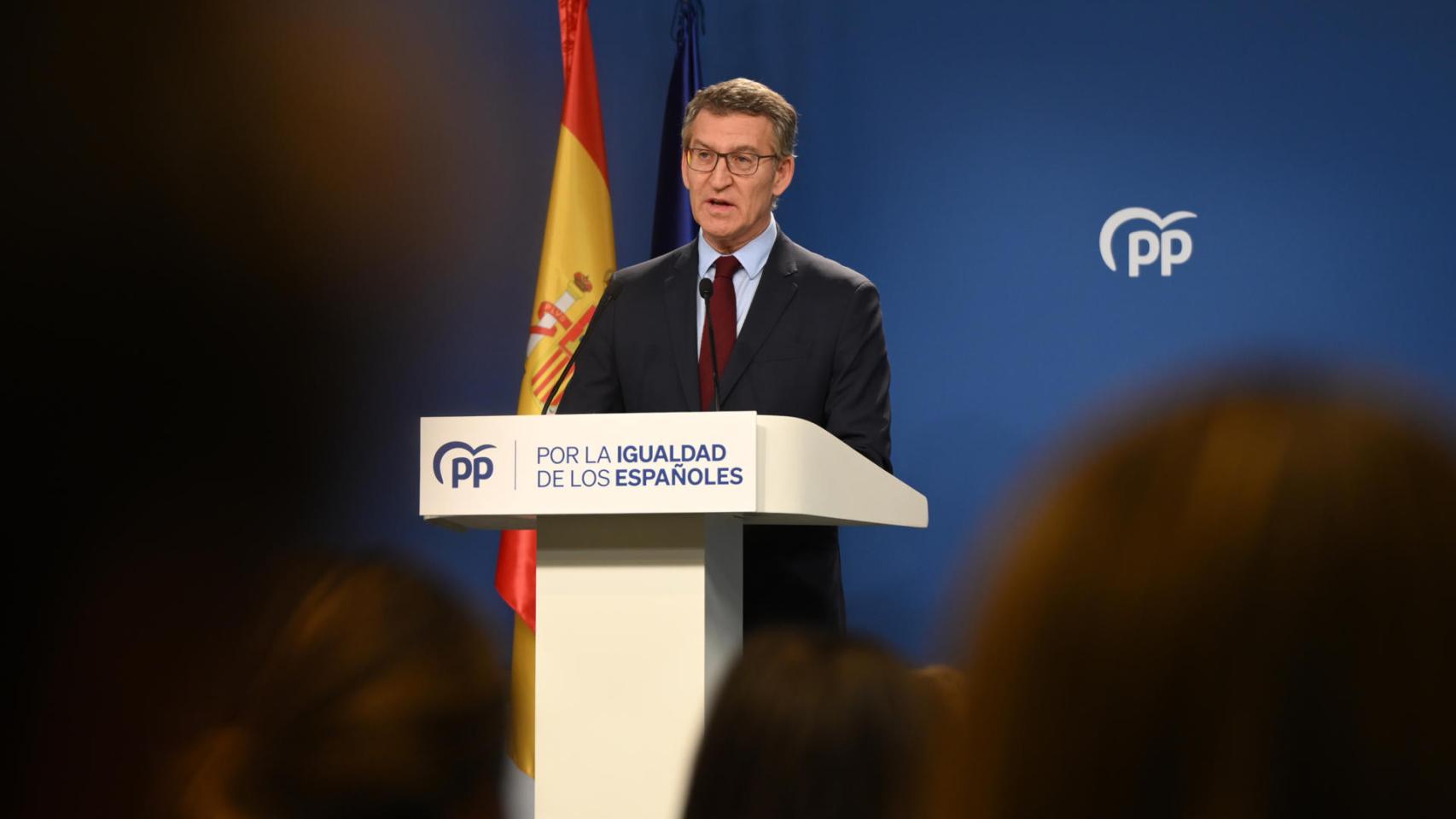 El líder del PP, Alberto Núñez Feijóo, este jueves en la sede de la calle Génova.
