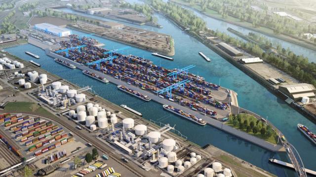 Diseño piloto de cómo sería un puerto con tanques para almacenar hidrógeno verde.