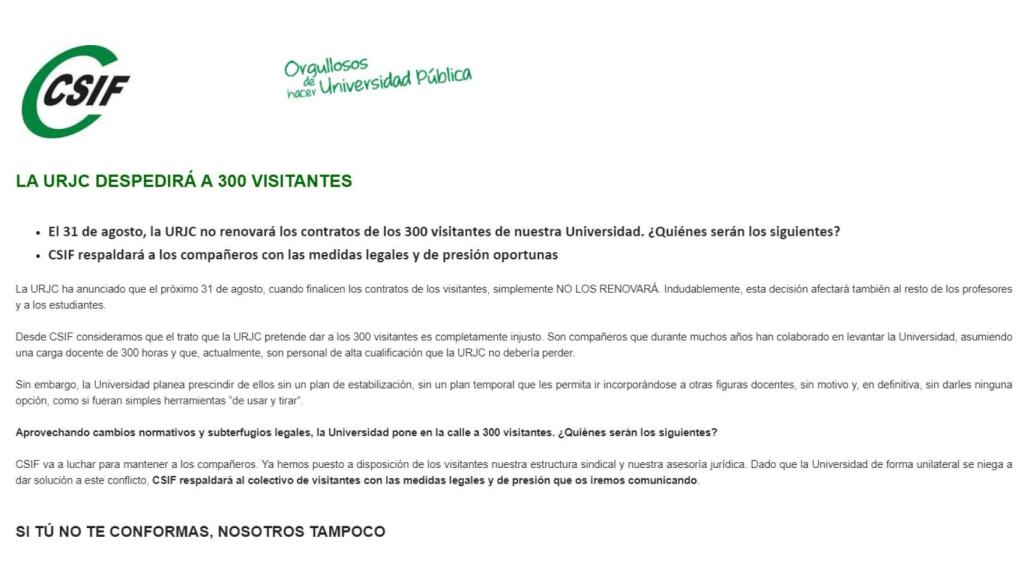 Comunicado que mandó el CSIF el pasado lunes 15 de abril a los profesores de la URJC alertando de la situación.