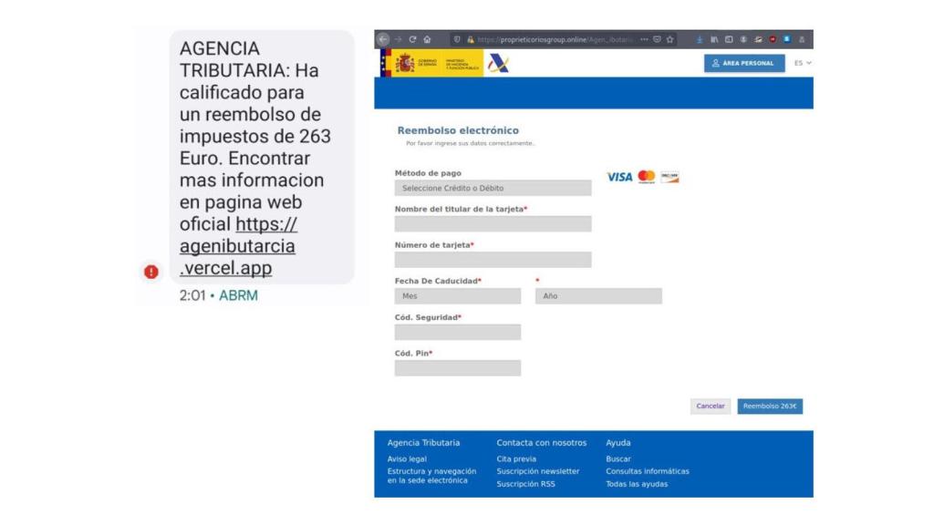 Ejemplo de SMS que esconde una estafa similar a la Agencia Tributaria