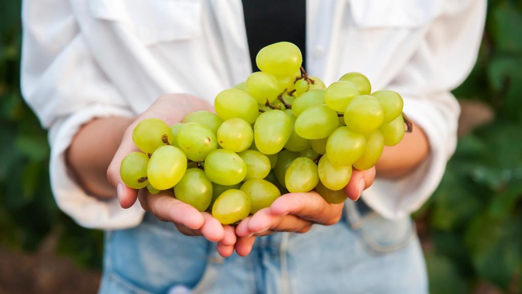 Imagen de una mujer con uvas verdes.