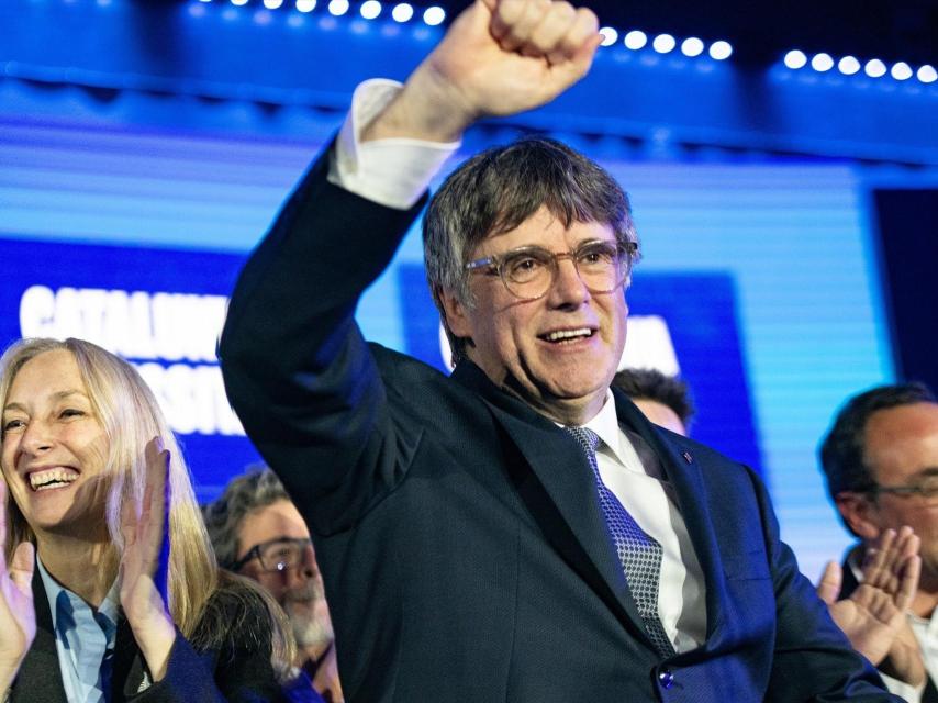 Puigdemont,  el pasado jueves en el acto de Junts de inicio de campaña, en Argelès (Francia).