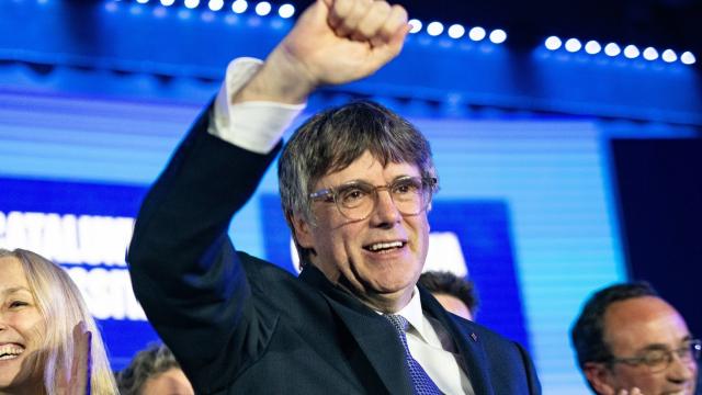 Puigdemont,  el pasado jueves en el acto de Junts de inicio de campaña, en Argelès (Francia).