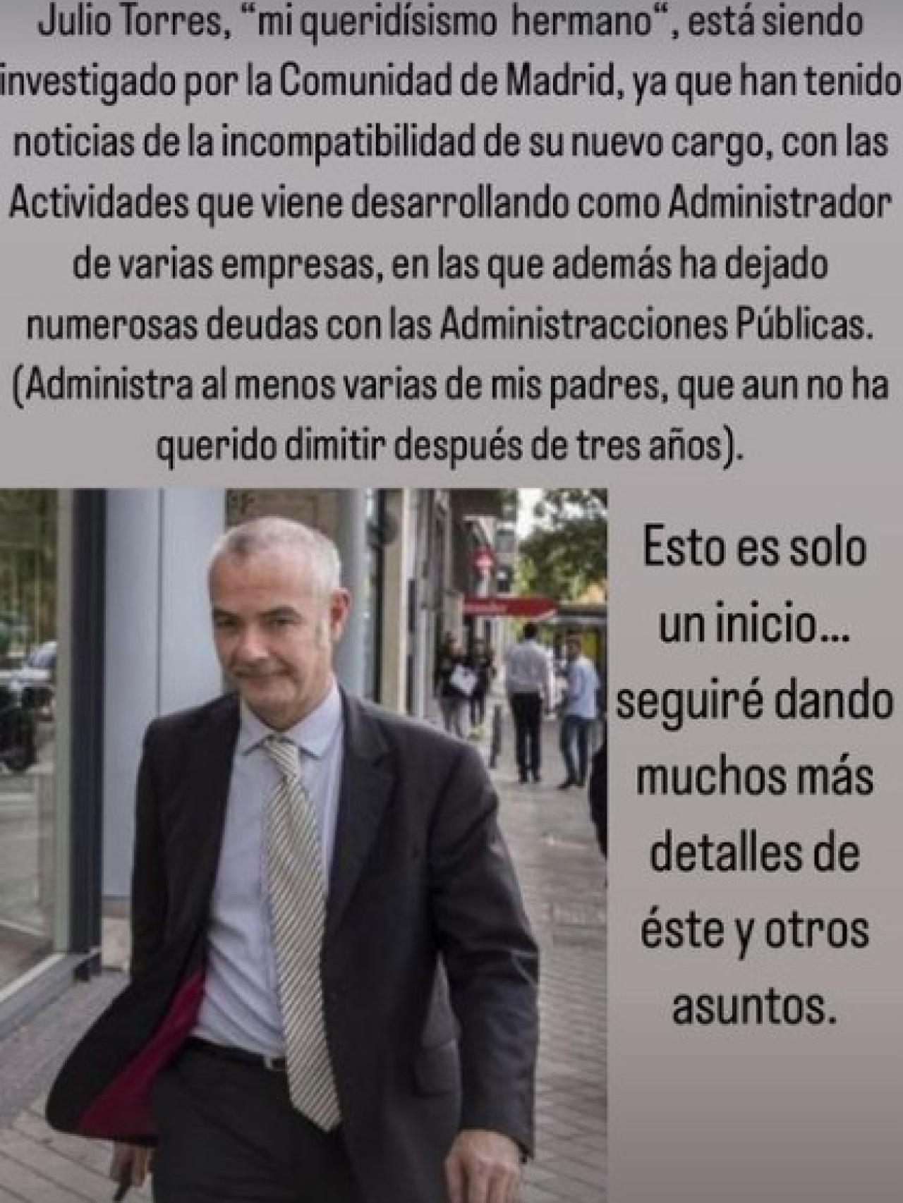 El comunicado de Joaquín Torres compartido en su cuenta de Instagram.