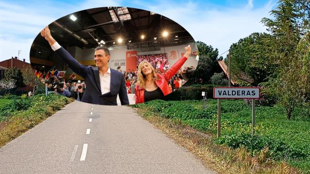 Pedro Sánchez y Begoña Gómez junto a una imagen de la entrada a Valderas en León