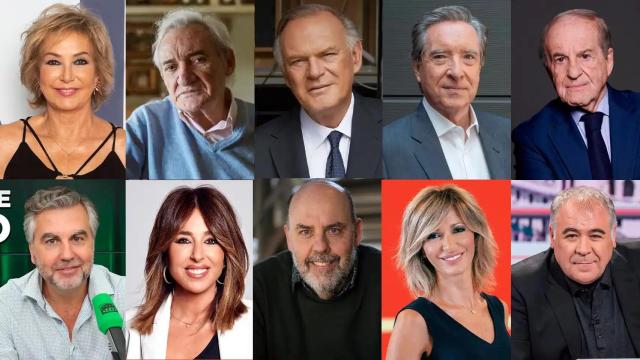De izda a dcha y de arriba abajo: Ana Rosa Quintana, Luis Del Olmo, Pedro Piqueras, Iñaki Gabilondo, José María García, Carlos Alsina, Ana Terradillos, Jordi Basté, Susanna Griso y Antonio García Ferreras.