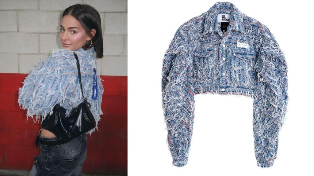 Laura Escanes junto a una fotografía de su chaqueta crop en un fotomontaje de EL ESPAÑOL.