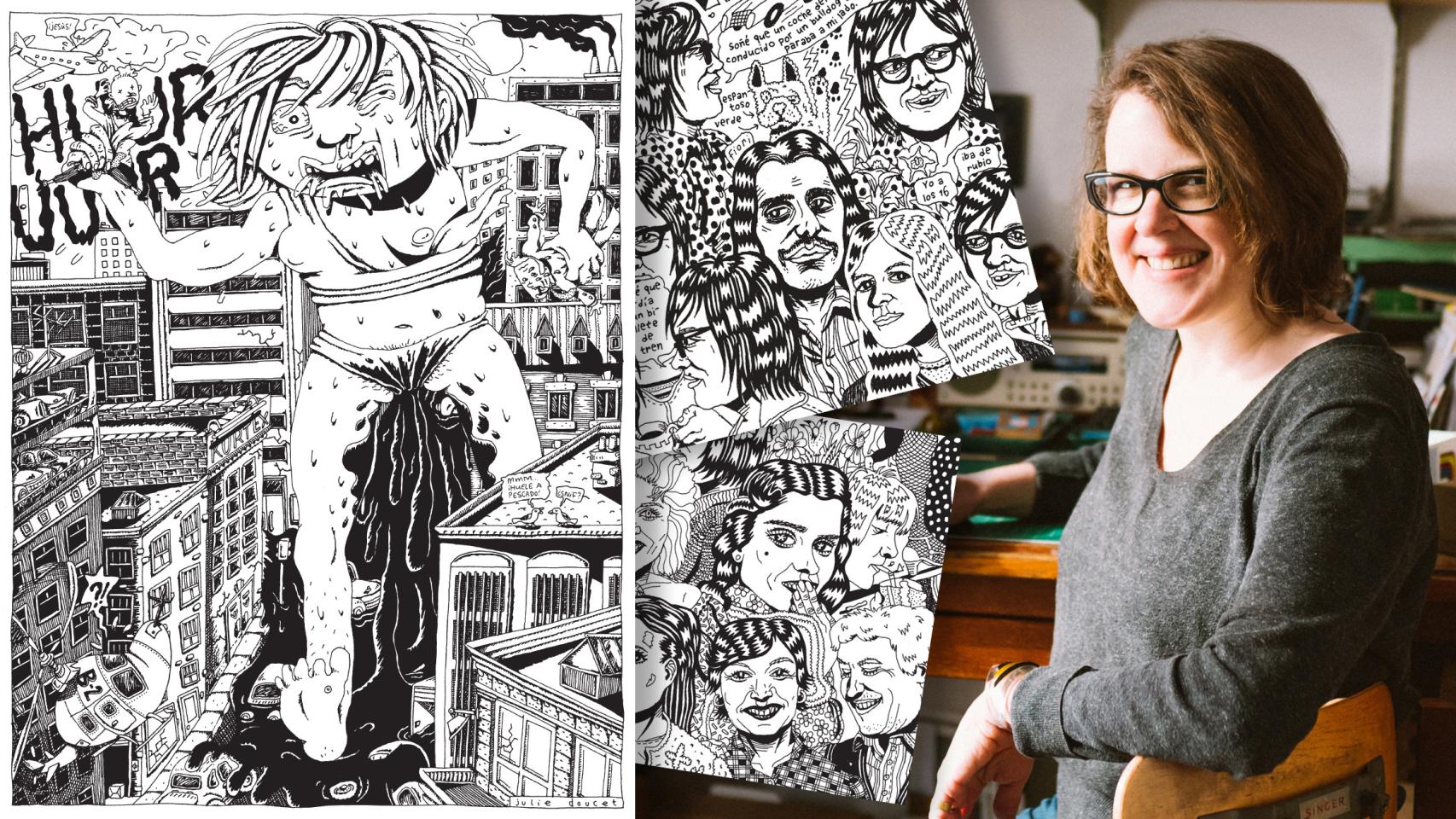 Julie Doucet junto a una viñeta de 'Dirty Plotte' (1987) y varias páginas de 'El río' (Fulgencio Pimentel, 2024). Foto: Kate Mada