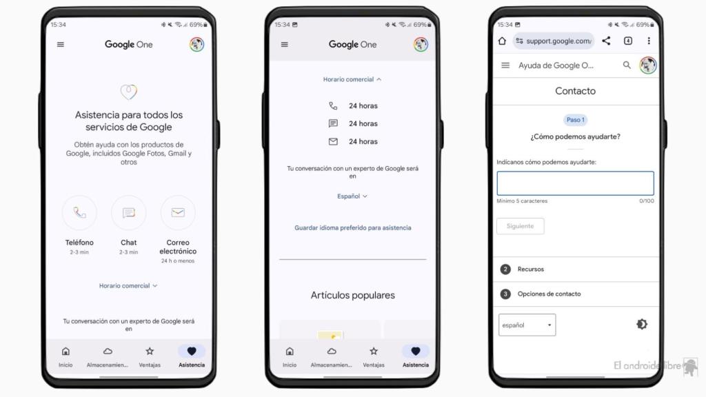 Opciones de contacto con Google