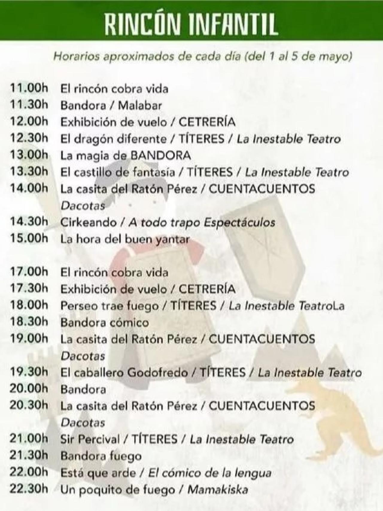 Programación del 'Rincón infantil' en la Feria Medieval de El Álamo de 2024.