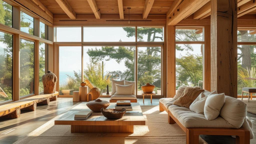 Casa de madera con grandes ventanales.
